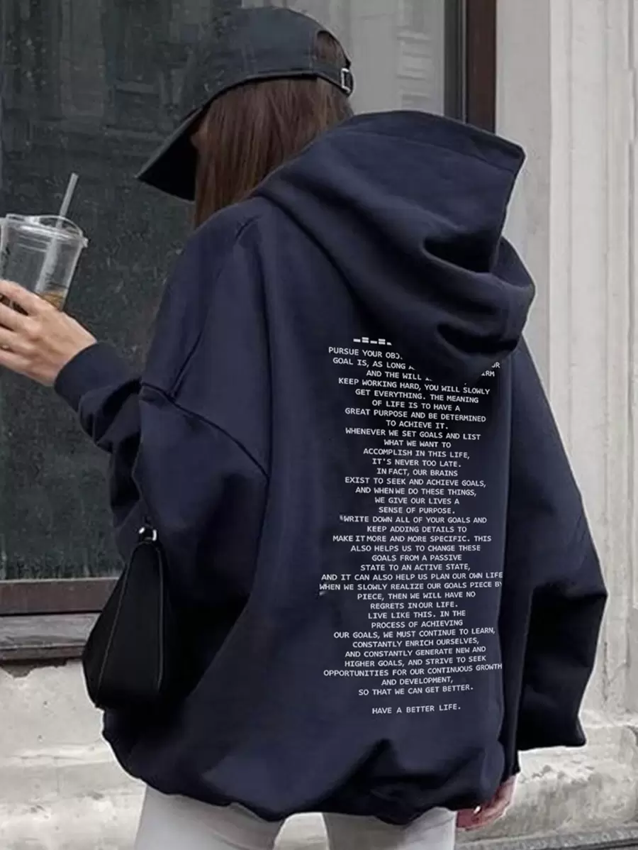 DAZY Slogan Graphic Drop Shoulder Hoodie PURSUE YOUR OBJECT,Long Sleeve Tops,Fall Clothes Sweatshirt - Navy Blue - View 1