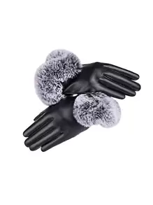 Fuzzy Trim Gloves - Black - View 1
