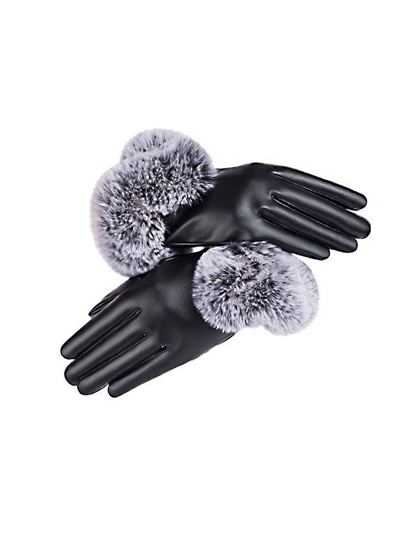 Fuzzy Trim Gloves - Black - View 1