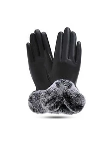 Fuzzy Trim Gloves - Black - View 2