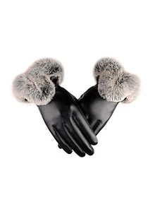 Fuzzy Trim Gloves - Black - View 3