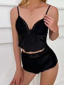 Lace Trim Bow Front Satin PJ Set / Pajama Set Bow Tie