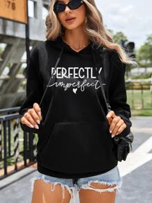 SHEIN Essnce Heart & Slogan Graphic Drop Shoulder Drawstring Hoodie - Black - View 1