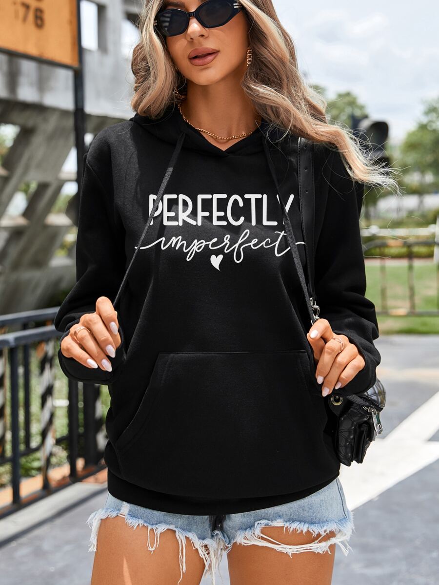 SHEIN Essnce Heart & Slogan Graphic Drop Shoulder Drawstring Hoodie - Black - View 1