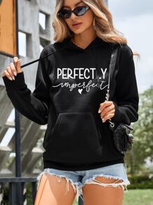 SHEIN Essnce Heart & Slogan Graphic Drop Shoulder Drawstring Hoodie - Black - View 3