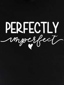 SHEIN Essnce Heart & Slogan Graphic Drop Shoulder Drawstring Hoodie - Black - View 4