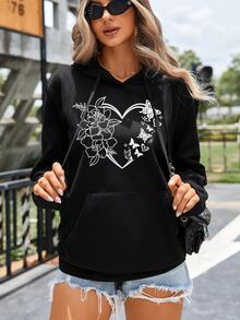 SHEIN EZwear Heart And Floral Print Drop Shoulder Drawstring Hoodie - Black - View 3