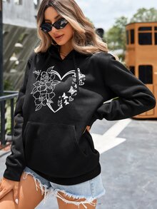SHEIN EZwear Heart And Floral Print Drop Shoulder Drawstring Hoodie - Black - View 4