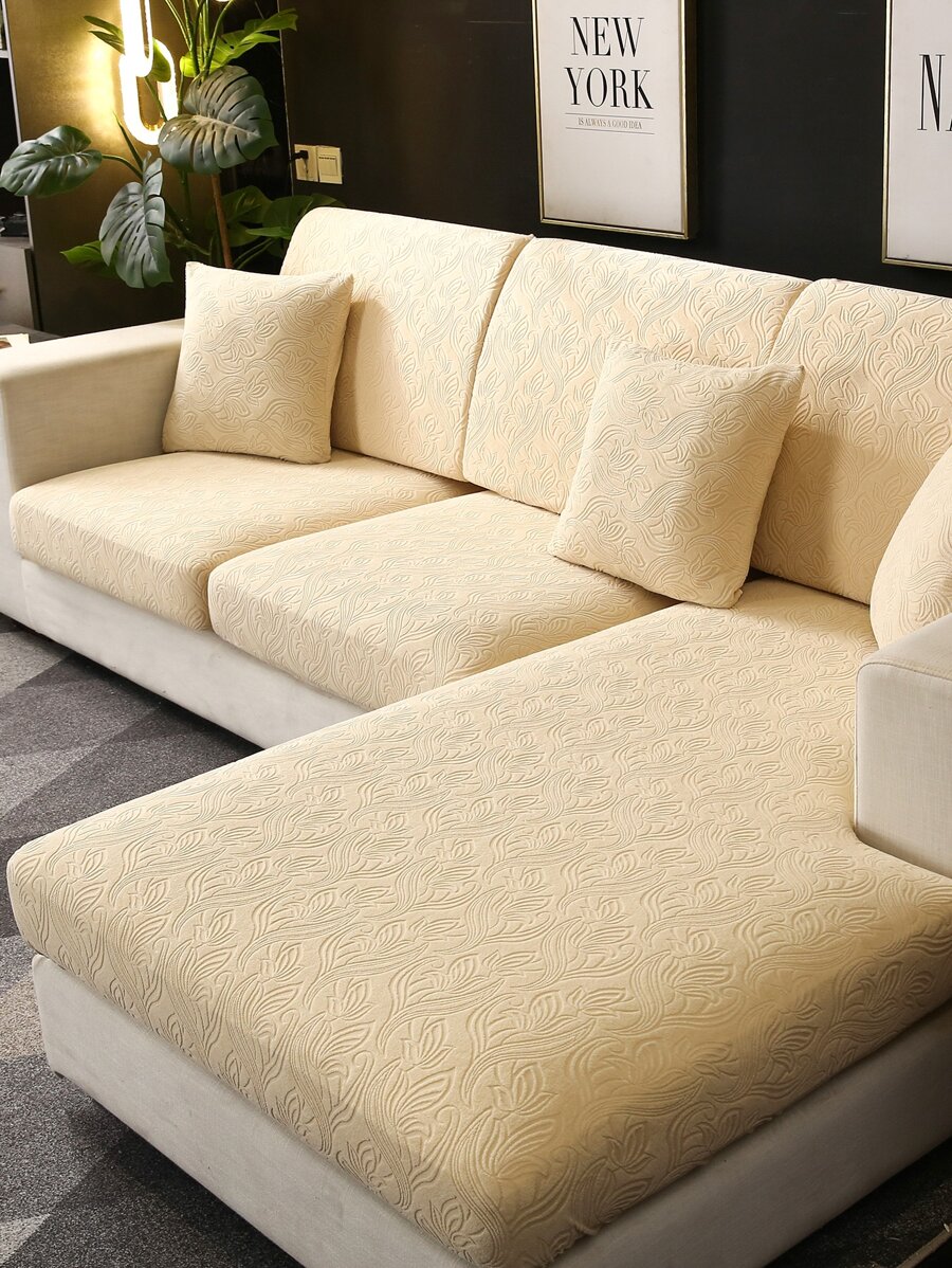 1入組花卉圖案提花有彈性沙發座墊套 - 米色 - 查看 1