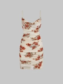 SHEIN MOD Vestido de tirantes con estampado floral con fruncido fruncido de malla - Albaricoque - Ver 1