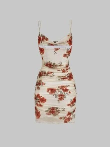 SHEIN MOD Vestido de tirantes con estampado floral con fruncido fruncido de malla - Albaricoque - Ver 4