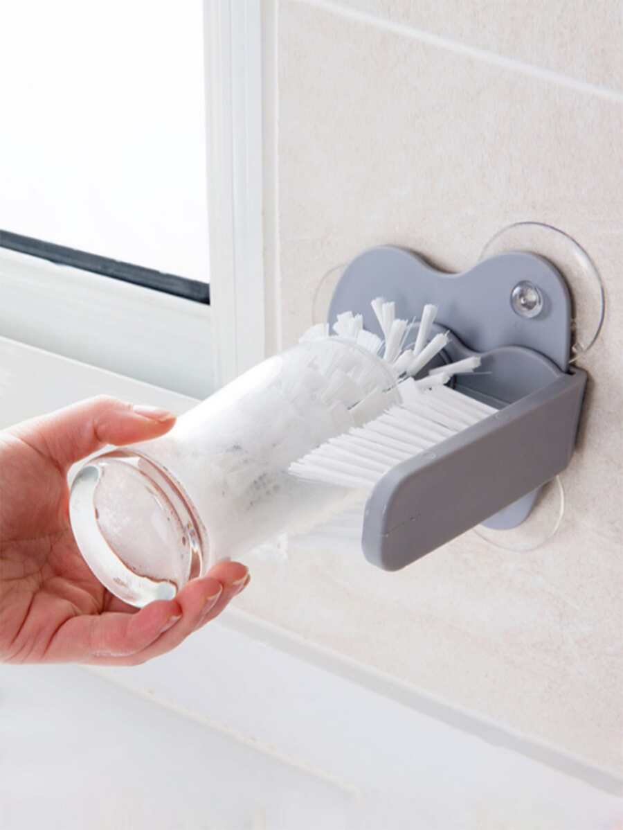 1pc Cup Scrubber Glass Cleaner Bottles Brush Sink Kitchen Accessories 2 In 1 Drink Mug Wine Suction Cup Cleaning Brush Gadgets - Grey - View 1