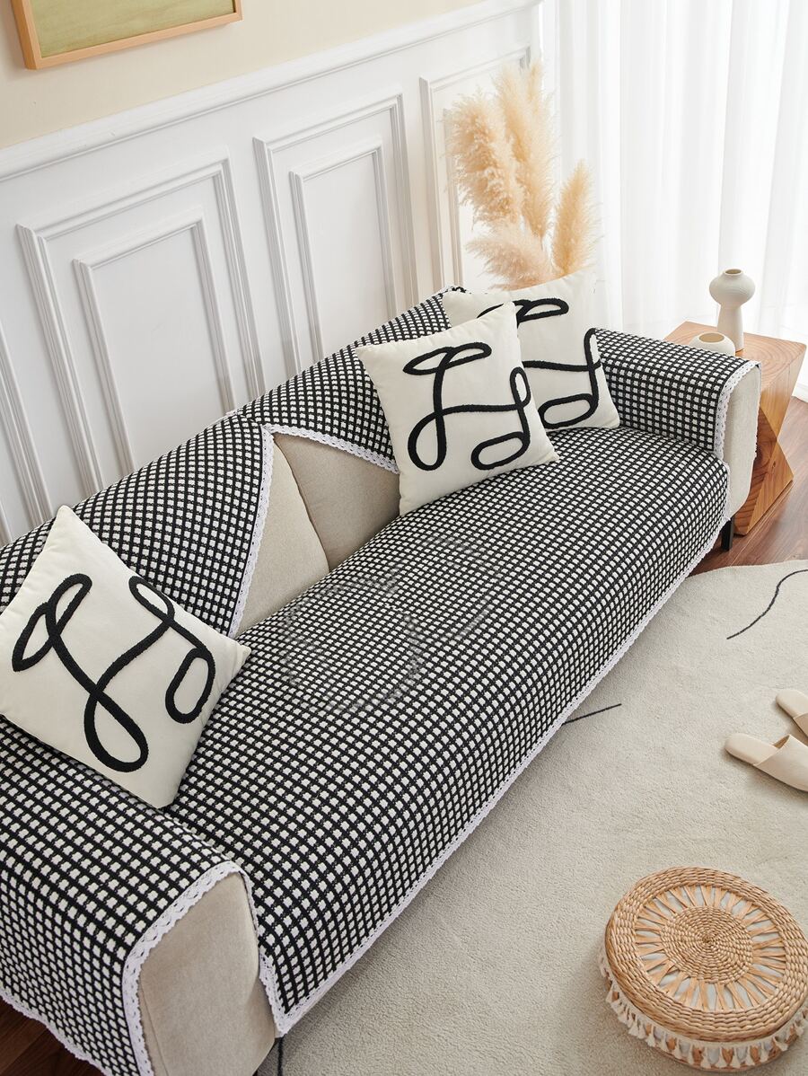 1pc Plaid Jacquard Lace Decor Sofa Towel - Black and White - View 1