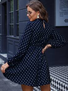 SHEIN LUNE Váy thường ngày chấm bi cổ cao dành cho nữ, màu xanh navy và trắng - Màu xanh hải quân - Xem 2