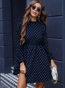 SHEIN LUNE Váy thường ngày chấm bi cổ cao dành cho nữ, màu xanh navy và trắng - Màu xanh hải quân - Xem 3