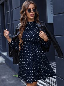 SHEIN LUNE Váy thường ngày chấm bi cổ cao dành cho nữ, màu xanh navy và trắng - Màu xanh hải quân - Xem 4