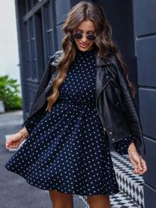 SHEIN LUNE Váy thường ngày chấm bi cổ cao dành cho nữ, màu xanh navy và trắng - Màu xanh hải quân - Xem 7