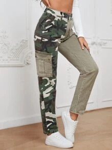 Camo Print Flap Pocket Side Cargo Jeans - Multicolor - View 1