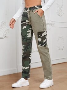 Camo Print Flap Pocket Side Cargo Jeans - Multicolor - View 3