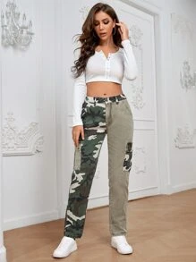 Camo Print Flap Pocket Side Cargo Jeans - Multicolor - View 4