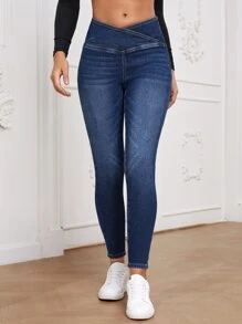 SHEIN Essnce Quần jean ôm Eo chồng lên - Rửa tối - Xem 1