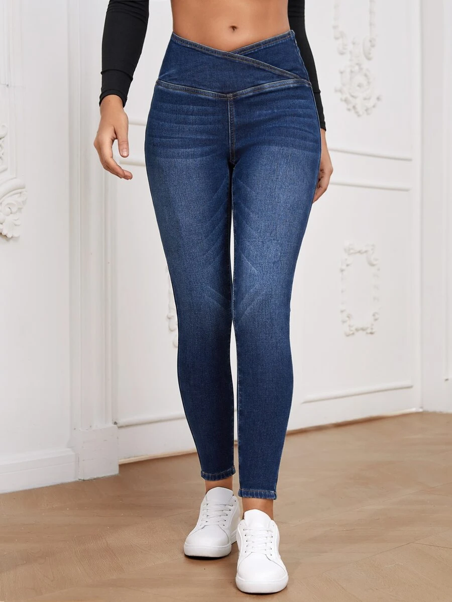 SHEIN Essnce Quần jean ôm Eo chồng lên - Rửa tối - Xem 1