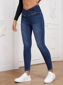 SHEIN Essnce Quần jean ôm Eo chồng lên - Rửa tối - Xem 5