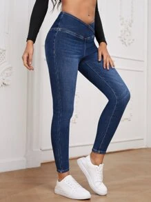 SHEIN Essnce Quần jean ôm Eo chồng lên - Rửa tối - Xem 6