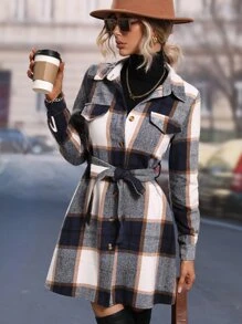 SHEIN LUNE 格紋單排釦腰帶襯衫洋裝