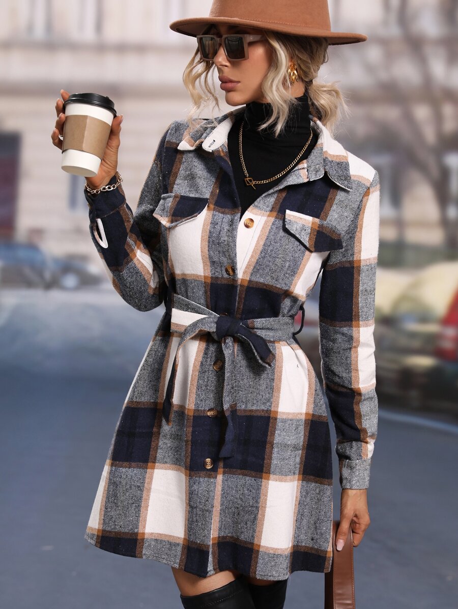 SHEIN LUNE 格紋單排釦腰帶襯衫洋裝