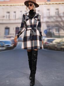 SHEIN LUNE 格紋單排釦腰帶襯衫洋裝