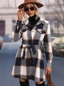 SHEIN LUNE 格紋單排釦腰帶襯衫洋裝