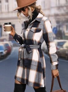 SHEIN LUNE 格紋單排釦腰帶襯衫洋裝