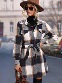 SHEIN LUNE 格紋單排釦腰帶襯衫洋裝