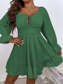 SHEIN Clasi Vestido con cordón delantero de manga con volante bajo con fruncido - Verde - Ver 3