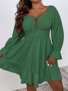 SHEIN Clasi Vestido con cordón delantero de manga con volante bajo con fruncido - Verde - Ver 5