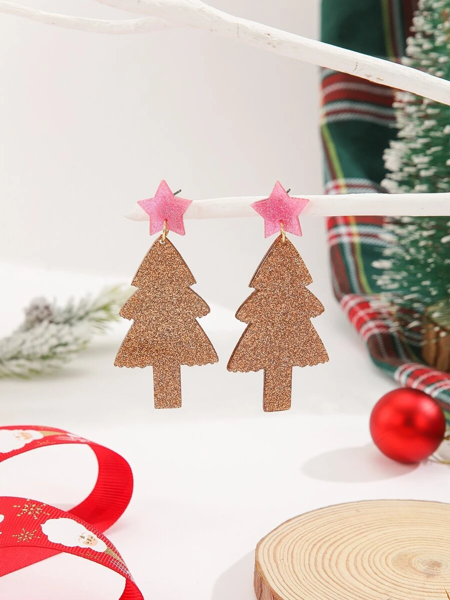 Christmas Star & Tree Decor Drop Earrings - Camel - View 1