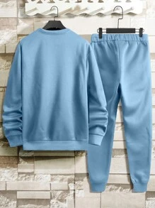 Manfinity LEGND 男士熊和標語圖案加絨內裏衛衣和衛褲 - 藍色 - 查看 2