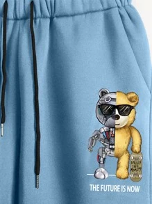 Manfinity LEGND 男士熊和標語圖案加絨內裏衛衣和衛褲 - 藍色 - 查看 3