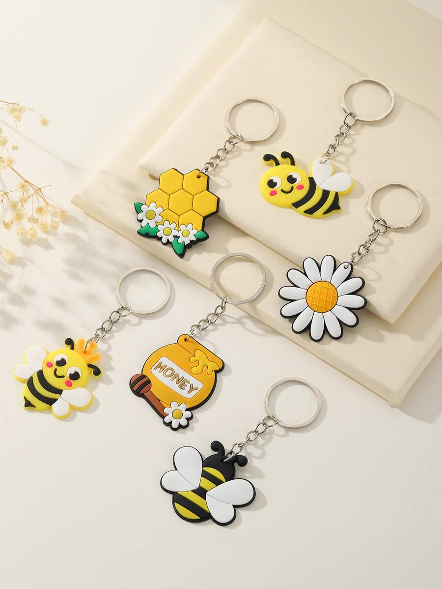 6入組蜜蜂和花吊墜鑰匙圈 - 彩色 - 查看 1