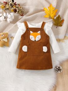 嬰兒荷葉邊連身背心和卡通刺繡背帶裙 - 彩色 - 查看 1