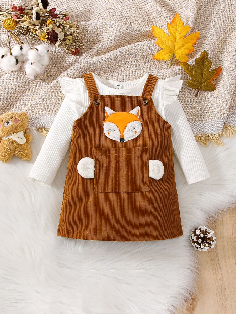 嬰兒荷葉邊連身背心和卡通刺繡背帶裙 - 彩色 - 查看 1