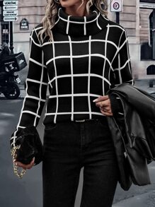 SHEIN Clasi 格紋圖案高領套頭毛衣 - 黑色 - 查看 1