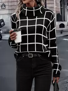 SHEIN Clasi 格紋圖案高領套頭毛衣 - 黑色 - 查看 4