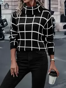 SHEIN Clasi 格紋圖案高領套頭毛衣 - 黑色 - 查看 5