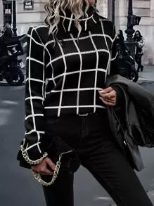 SHEIN Clasi 格紋圖案高領套頭毛衣 - 黑色 - 查看 6