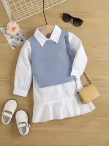 Young Girl Asymmetrical Vest & Ruffle Hem Shirt Dress - Blue and White - View 1