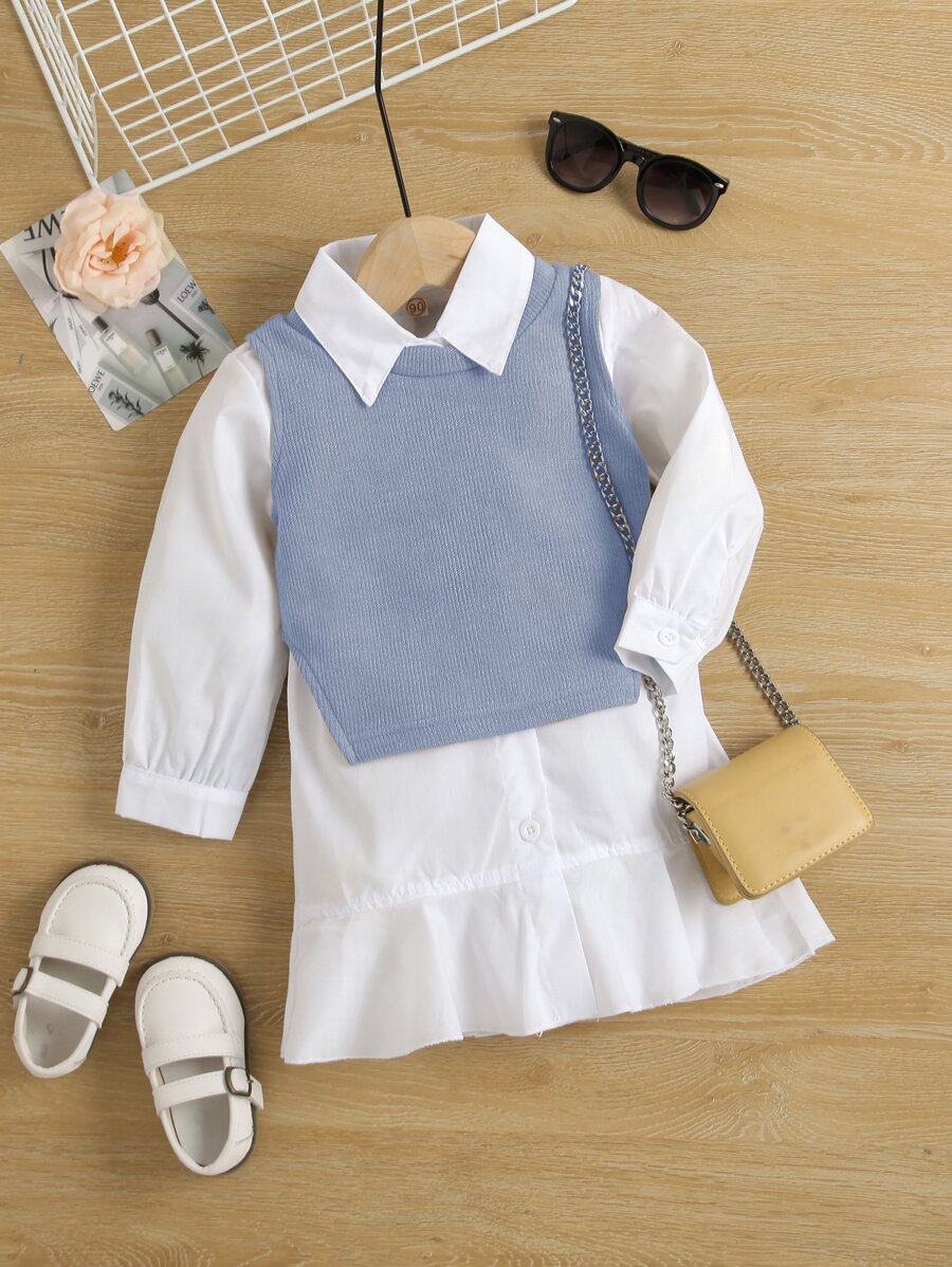 Young Girl Asymmetrical Vest & Ruffle Hem Shirt Dress - Blue and White - View 1