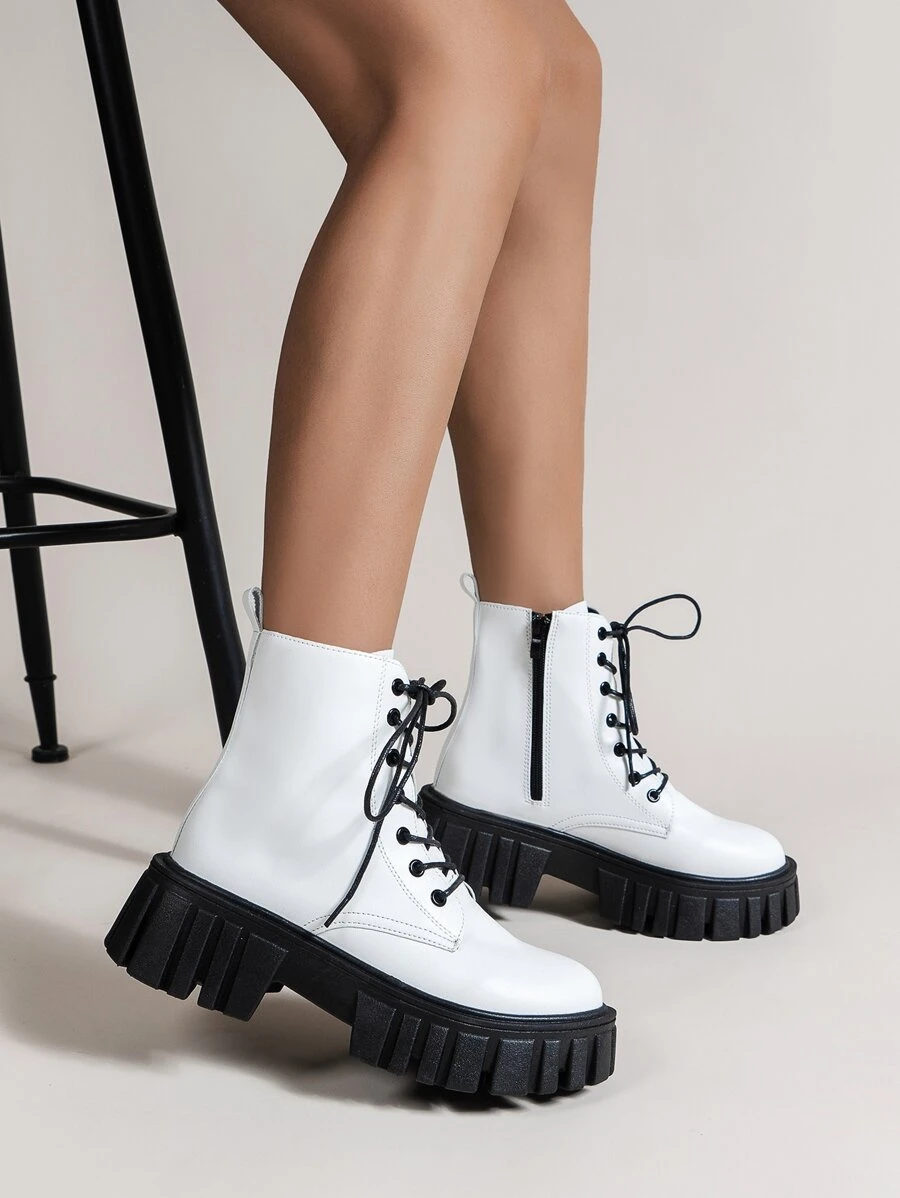 Lace-up Front Zipper Side Flatform Combat Boots - White - View 1