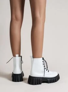 Lace-up Front Zipper Side Flatform Combat Boots - White - View 2